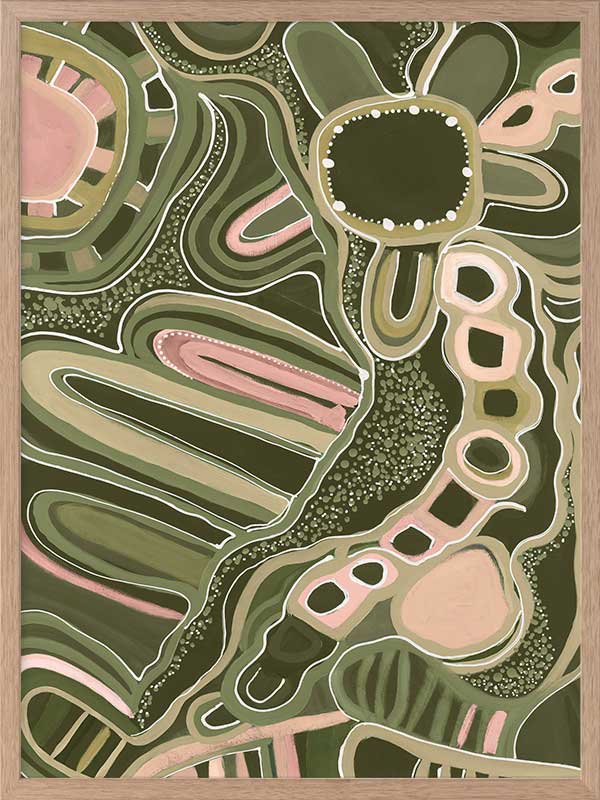 Fluid abstract artwork with curved lines, dotted detailing, and layered shapes in green and pink tones against a forest green base. From the Maria Watson-Trudgett collection with Urban Road.