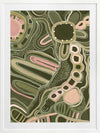 Fluid abstract artwork with curved lines, dotted detailing, and layered shapes in green and pink tones against a forest green base. From the Maria Watson-Trudgett collection with Urban Road.