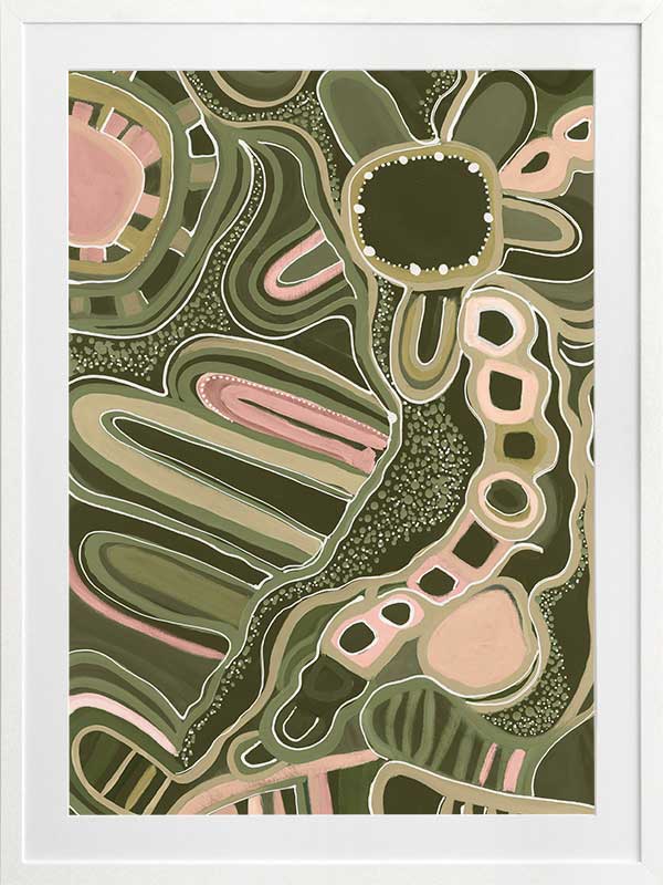 Fluid abstract artwork with curved lines, dotted detailing, and layered shapes in green and pink tones against a forest green base. From the Maria Watson-Trudgett collection with Urban Road.