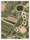 Fluid abstract artwork with curved lines, dotted detailing, and layered shapes in green and pink tones against a forest green base. From the Maria Watson-Trudgett collection with Urban Road.