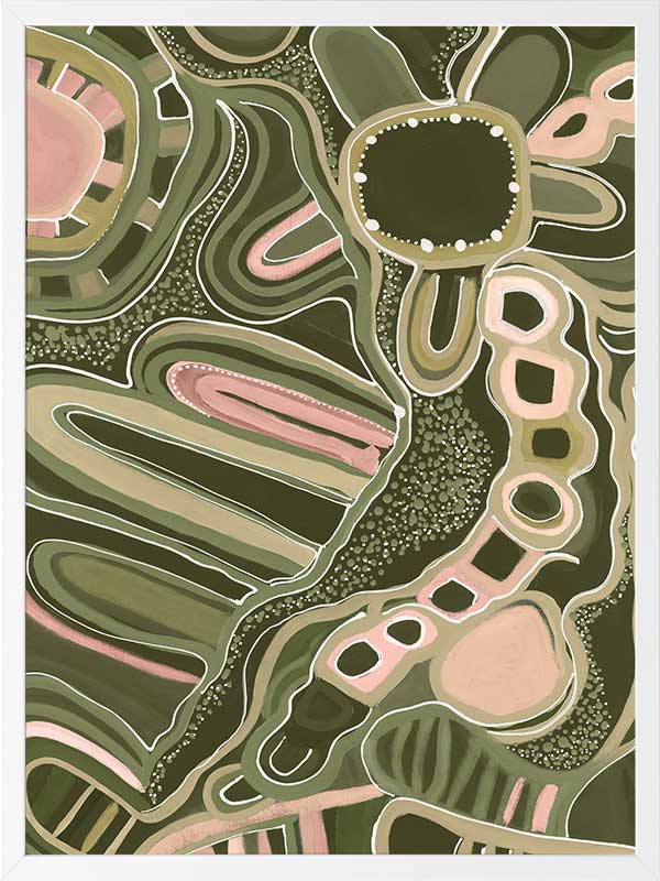 Fluid abstract artwork with curved lines, dotted detailing, and layered shapes in green and pink tones against a forest green base. From the Maria Watson-Trudgett collection with Urban Road.