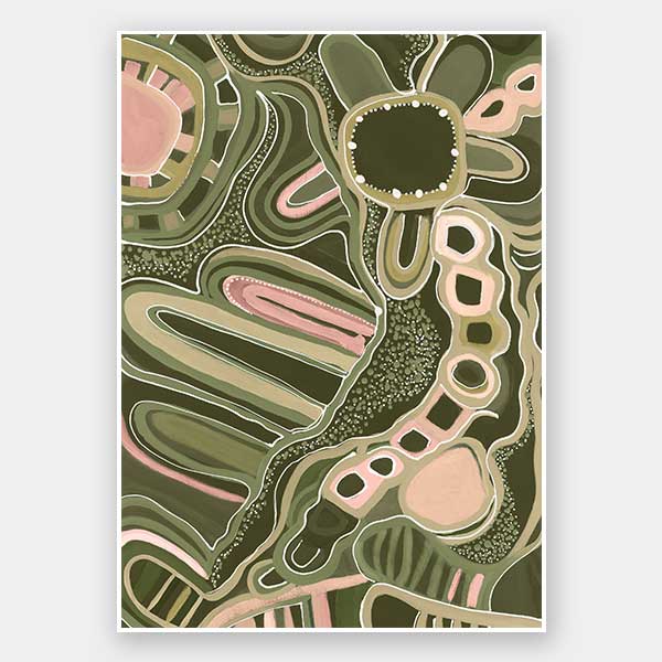 Fluid abstract artwork with curved lines, dotted detailing, and layered shapes in green and pink tones against a forest green base. From the Maria Watson-Trudgett collection with Urban Road.