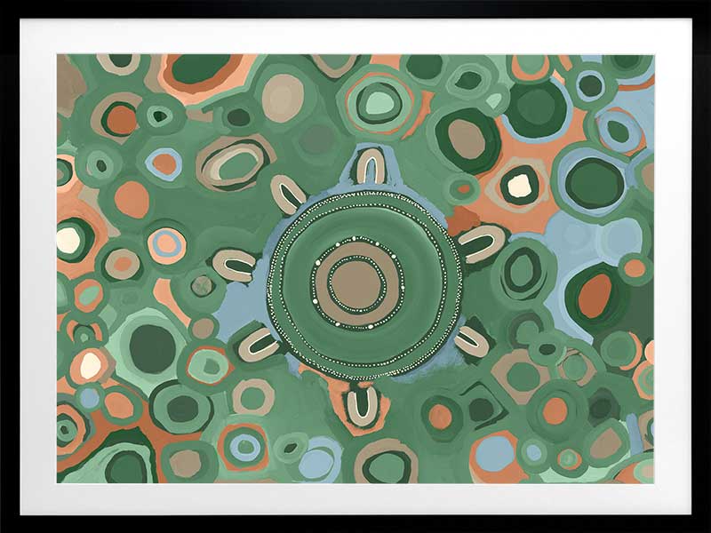 Vibrant circular composition with multicoloured dots and rings in aqua, olive, and coral set on a sage green background. From the Maria Watson-Trudgett collection with Urban Road.