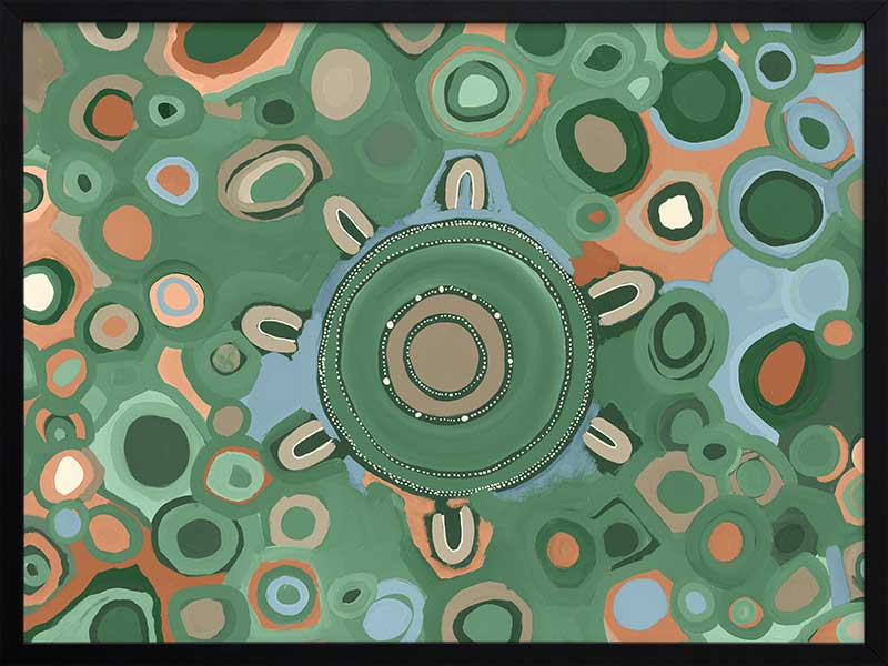 Vibrant circular composition with multicoloured dots and rings in aqua, olive, and coral set on a sage green background. From the Maria Watson-Trudgett collection with Urban Road.