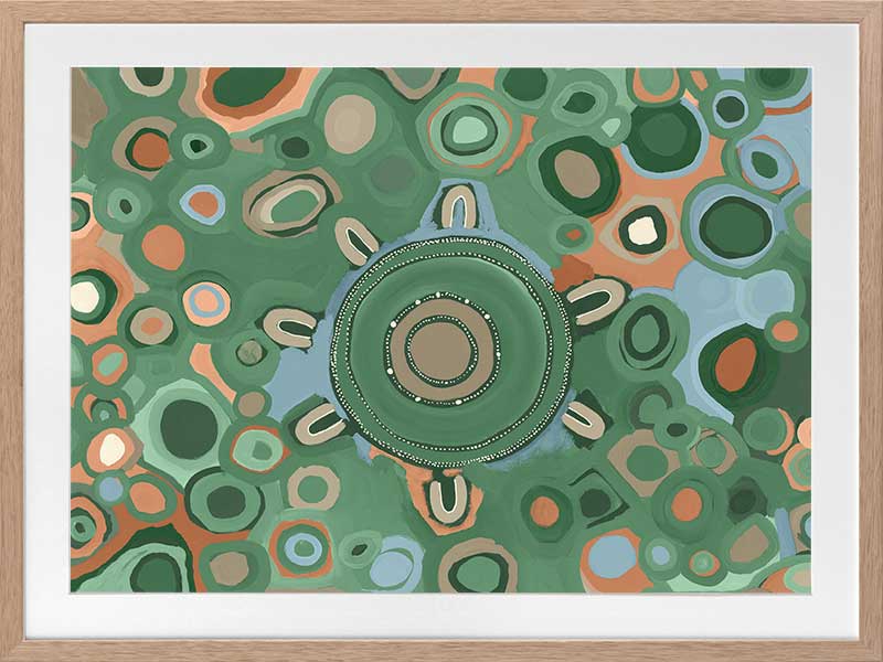 Vibrant circular composition with multicoloured dots and rings in aqua, olive, and coral set on a sage green background. From the Maria Watson-Trudgett collection with Urban Road.