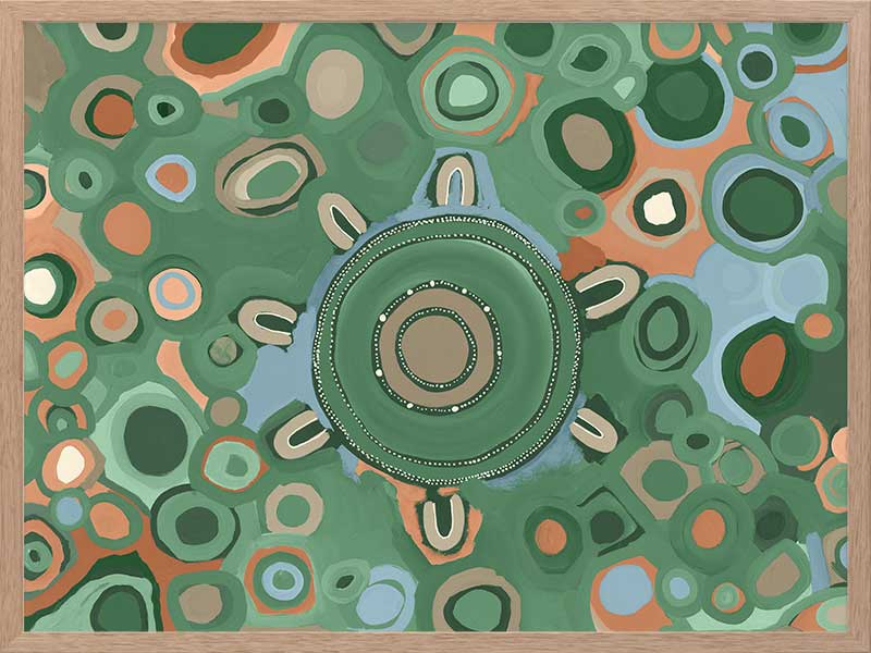 Vibrant circular composition with multicoloured dots and rings in aqua, olive, and coral set on a sage green background. From the Maria Watson-Trudgett collection with Urban Road.