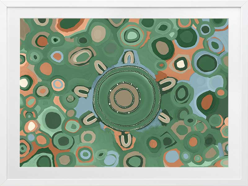 Vibrant circular composition with multicoloured dots and rings in aqua, olive, and coral set on a sage green background. From the Maria Watson-Trudgett collection with Urban Road.