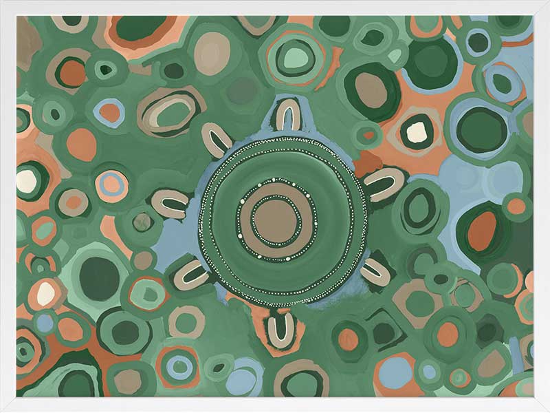 Vibrant circular composition with multicoloured dots and rings in aqua, olive, and coral set on a sage green background. From the Maria Watson-Trudgett collection with Urban Road.
