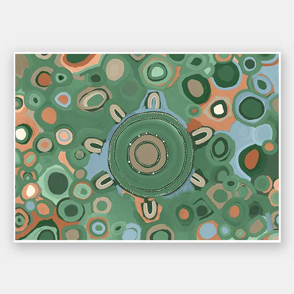 Vibrant circular composition with multicoloured dots and rings in aqua, olive, and coral set on a sage green background. From the Maria Watson-Trudgett collection with Urban Road.