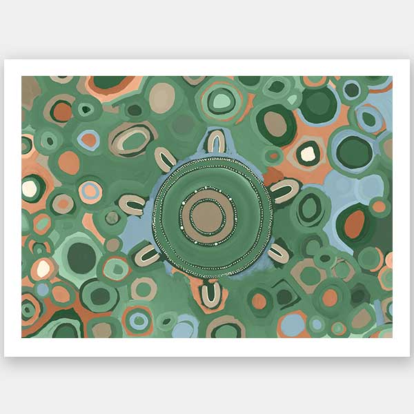 Vibrant circular composition with multicoloured dots and rings in aqua, olive, and coral set on a sage green background. From the Maria Watson-Trudgett collection with Urban Road.