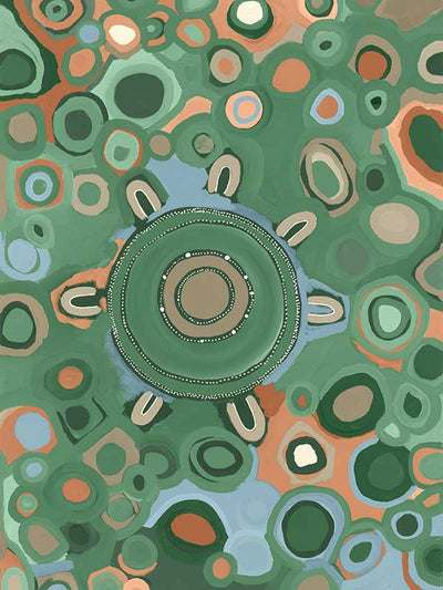Vibrant circular composition with multicoloured dots and rings in aqua, olive, and coral set on a sage green background. From the Maria Watson-Trudgett collection with Urban Road.