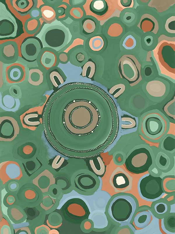 Vibrant circular composition with multicoloured dots and rings in aqua, olive, and coral set on a sage green background. From the Maria Watson-Trudgett collection with Urban Road.