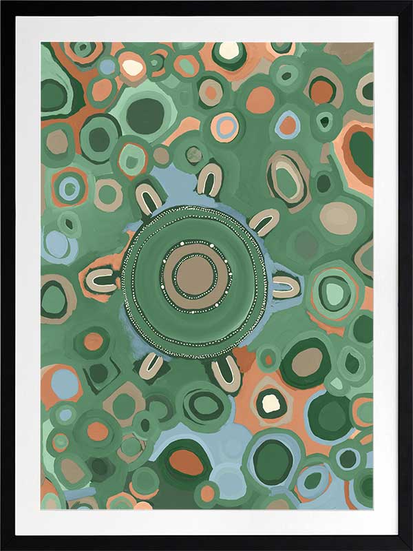 Vibrant circular composition with multicoloured dots and rings in aqua, olive, and coral set on a sage green background. From the Maria Watson-Trudgett collection with Urban Road.