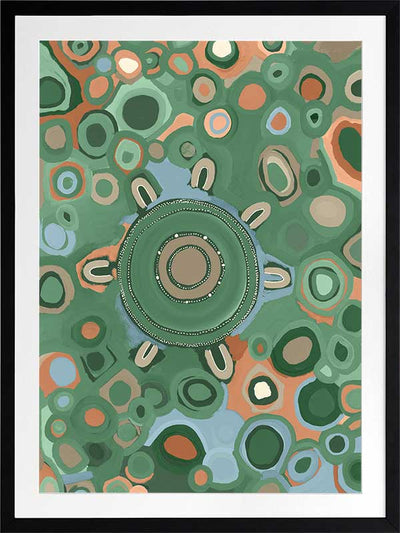 Vibrant circular composition with multicoloured dots and rings in aqua, olive, and coral set on a sage green background. From the Maria Watson-Trudgett collection with Urban Road.