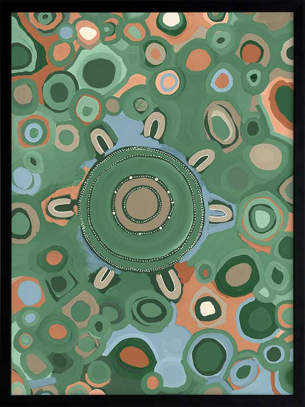 Vibrant circular composition with multicoloured dots and rings in aqua, olive, and coral set on a sage green background. From the Maria Watson-Trudgett collection with Urban Road.