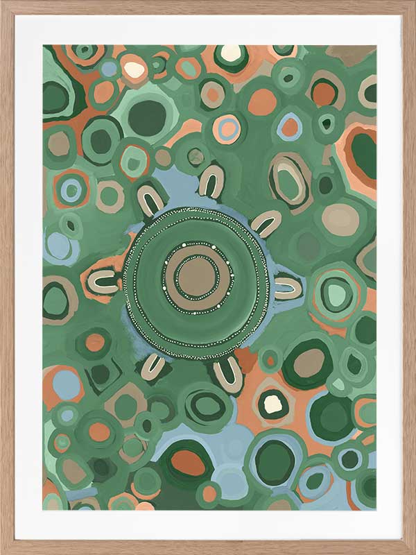 Vibrant circular composition with multicoloured dots and rings in aqua, olive, and coral set on a sage green background. From the Maria Watson-Trudgett collection with Urban Road.