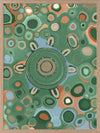 Vibrant circular composition with multicoloured dots and rings in aqua, olive, and coral set on a sage green background. From the Maria Watson-Trudgett collection with Urban Road.