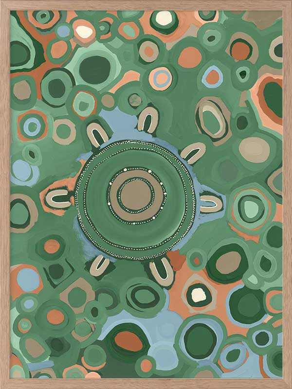 Vibrant circular composition with multicoloured dots and rings in aqua, olive, and coral set on a sage green background. From the Maria Watson-Trudgett collection with Urban Road.