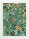 Vibrant circular composition with multicoloured dots and rings in aqua, olive, and coral set on a sage green background. From the Maria Watson-Trudgett collection with Urban Road.