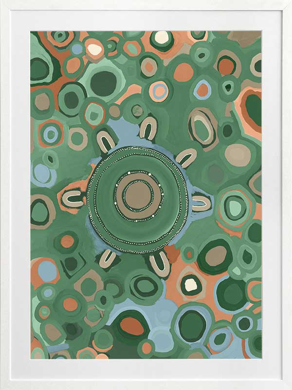 Vibrant circular composition with multicoloured dots and rings in aqua, olive, and coral set on a sage green background. From the Maria Watson-Trudgett collection with Urban Road.