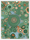 Vibrant circular composition with multicoloured dots and rings in aqua, olive, and coral set on a sage green background. From the Maria Watson-Trudgett collection with Urban Road.