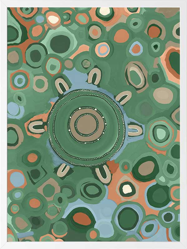 Vibrant circular composition with multicoloured dots and rings in aqua, olive, and coral set on a sage green background. From the Maria Watson-Trudgett collection with Urban Road.