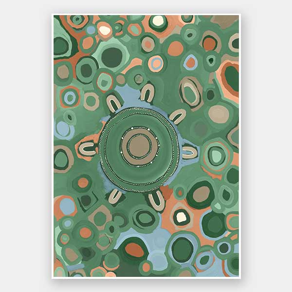 Vibrant circular composition with multicoloured dots and rings in aqua, olive, and coral set on a sage green background. From the Maria Watson-Trudgett collection with Urban Road.