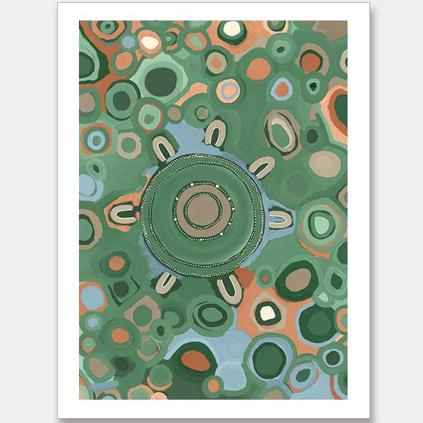Vibrant circular composition with multicoloured dots and rings in aqua, olive, and coral set on a sage green background. From the Maria Watson-Trudgett collection with Urban Road.