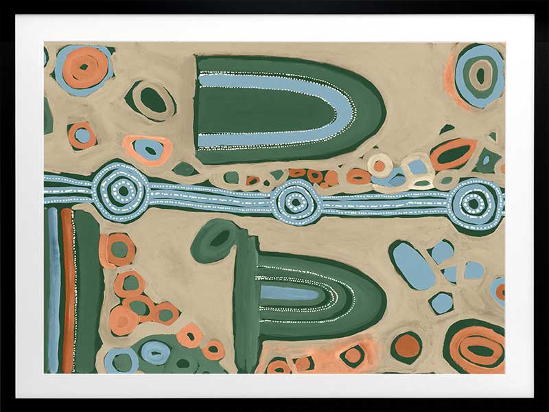 Abstract painting with arched forms, concentric circles, and dotted detailing in blues, oranges, and forest green on a taupe background. From the Maria Watson-Trudgett collection with Urban Road.