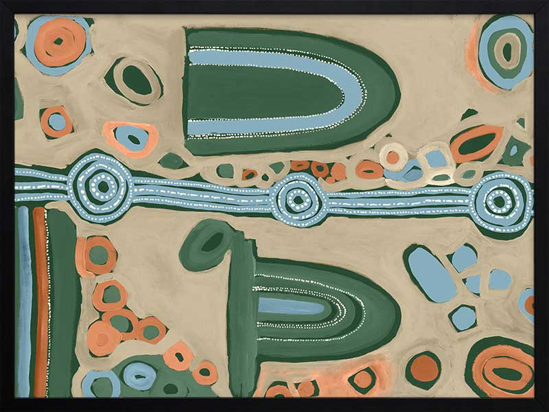 Abstract painting with arched forms, concentric circles, and dotted detailing in blues, oranges, and forest green on a taupe background. From the Maria Watson-Trudgett collection with Urban Road.