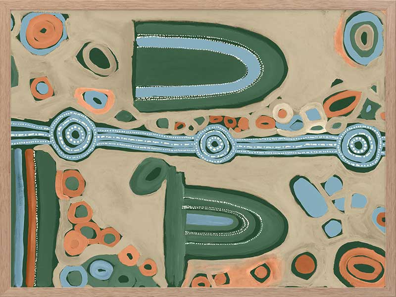 Abstract painting with arched forms, concentric circles, and dotted detailing in blues, oranges, and forest green on a taupe background. From the Maria Watson-Trudgett collection with Urban Road.
