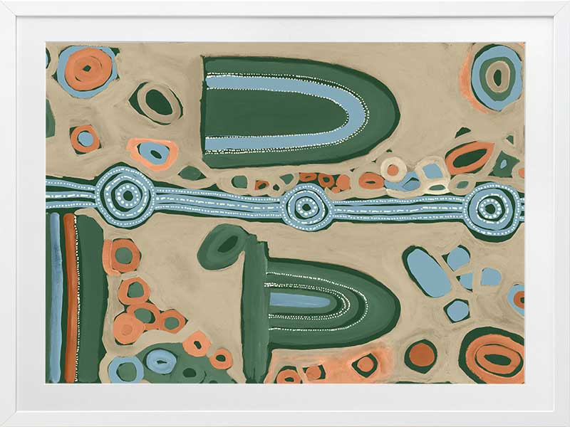 Abstract painting with arched forms, concentric circles, and dotted detailing in blues, oranges, and forest green on a taupe background. From the Maria Watson-Trudgett collection with Urban Road.