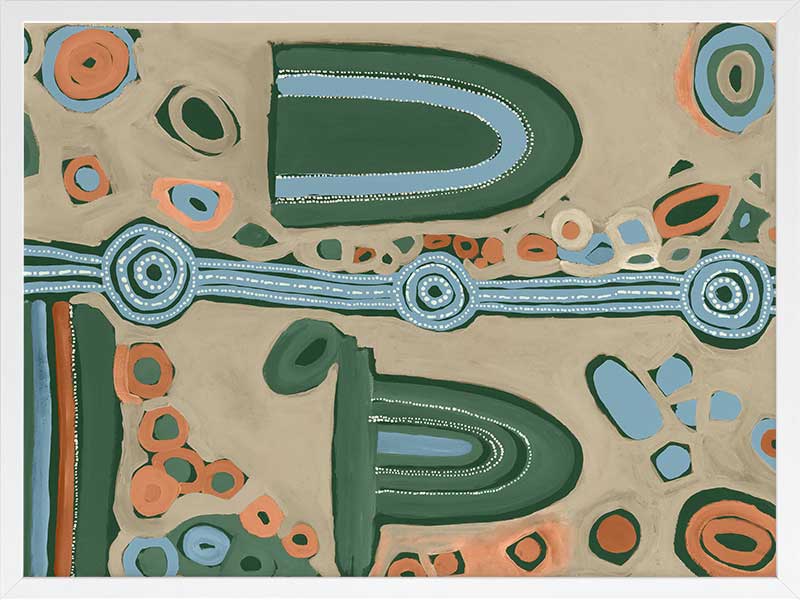 Abstract painting with arched forms, concentric circles, and dotted detailing in blues, oranges, and forest green on a taupe background. From the Maria Watson-Trudgett collection with Urban Road.