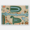 Abstract painting with arched forms, concentric circles, and dotted detailing in blues, oranges, and forest green on a taupe background. From the Maria Watson-Trudgett collection with Urban Road.