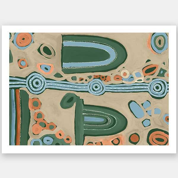 Abstract painting with arched forms, concentric circles, and dotted detailing in blues, oranges, and forest green on a taupe background. From the Maria Watson-Trudgett collection with Urban Road.