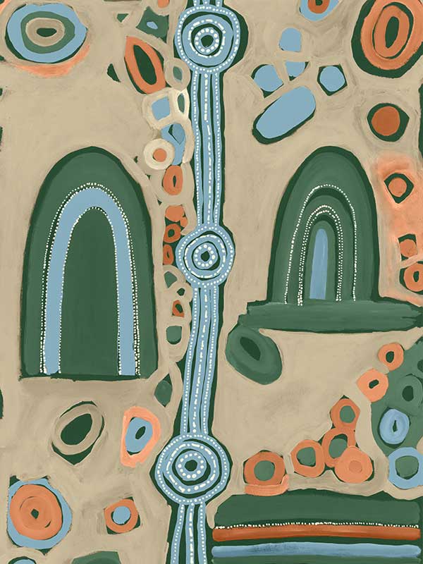 Abstract painting with arched forms, concentric circles, and dotted detailing in blues, oranges, and forest green on a taupe background. From the Maria Watson-Trudgett collection with Urban Road.