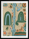 Abstract painting with arched forms, concentric circles, and dotted detailing in blues, oranges, and forest green on a taupe background. From the Maria Watson-Trudgett collection with Urban Road.