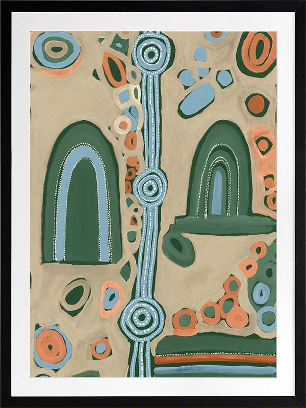 Abstract painting with arched forms, concentric circles, and dotted detailing in blues, oranges, and forest green on a taupe background. From the Maria Watson-Trudgett collection with Urban Road.