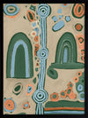 Abstract painting with arched forms, concentric circles, and dotted detailing in blues, oranges, and forest green on a taupe background. From the Maria Watson-Trudgett collection with Urban Road.
