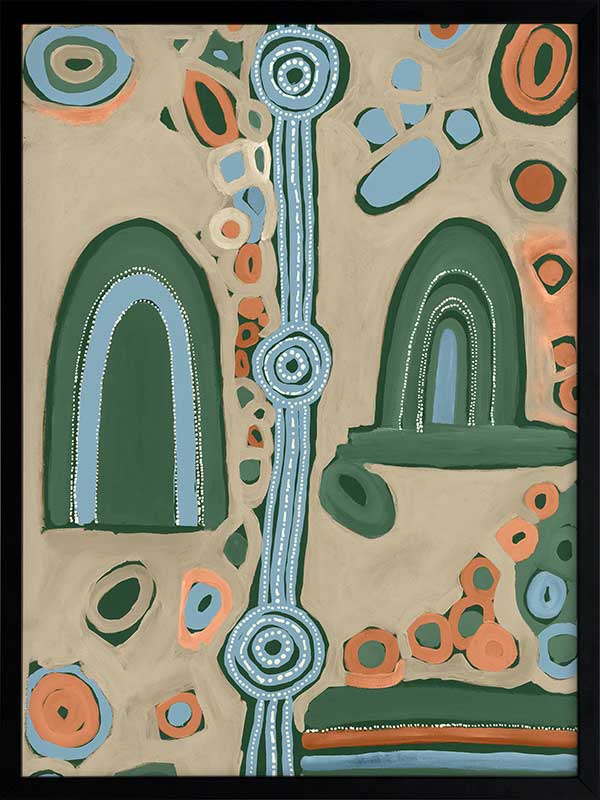 Abstract painting with arched forms, concentric circles, and dotted detailing in blues, oranges, and forest green on a taupe background. From the Maria Watson-Trudgett collection with Urban Road.