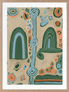 Abstract painting with arched forms, concentric circles, and dotted detailing in blues, oranges, and forest green on a taupe background. From the Maria Watson-Trudgett collection with Urban Road.