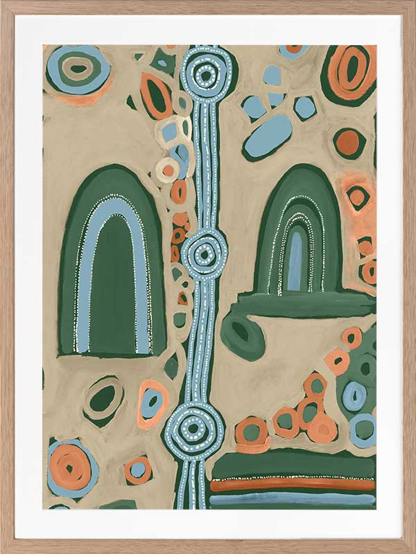 Abstract painting with arched forms, concentric circles, and dotted detailing in blues, oranges, and forest green on a taupe background. From the Maria Watson-Trudgett collection with Urban Road.