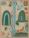 Abstract painting with arched forms, concentric circles, and dotted detailing in blues, oranges, and forest green on a taupe background. From the Maria Watson-Trudgett collection with Urban Road.
