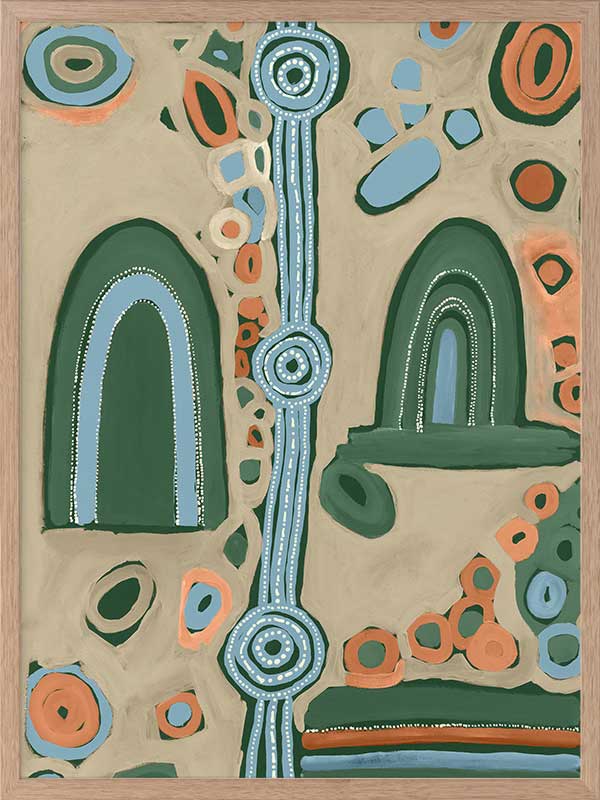 Abstract painting with arched forms, concentric circles, and dotted detailing in blues, oranges, and forest green on a taupe background. From the Maria Watson-Trudgett collection with Urban Road.