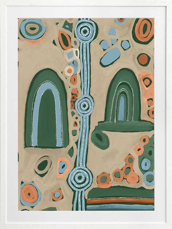 Abstract painting with arched forms, concentric circles, and dotted detailing in blues, oranges, and forest green on a taupe background. From the Maria Watson-Trudgett collection with Urban Road.