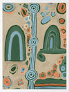 Abstract painting with arched forms, concentric circles, and dotted detailing in blues, oranges, and forest green on a taupe background. From the Maria Watson-Trudgett collection with Urban Road.