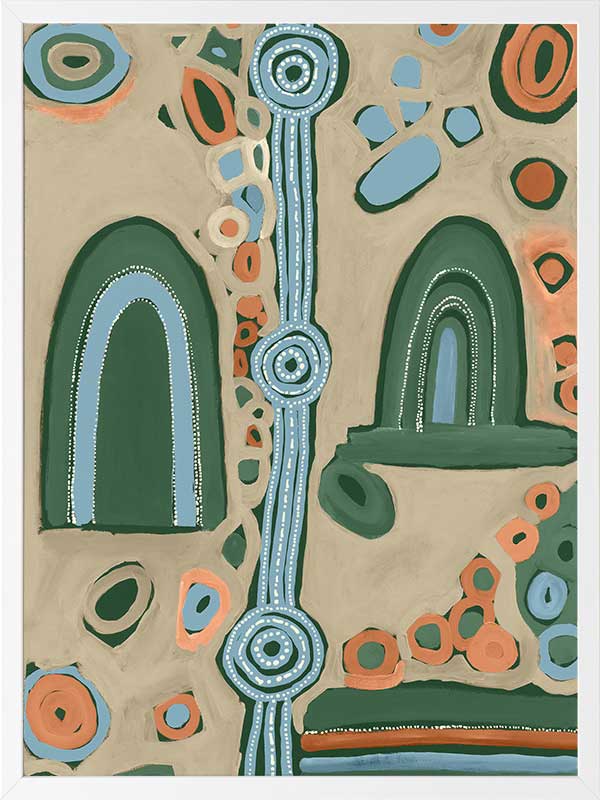 Abstract painting with arched forms, concentric circles, and dotted detailing in blues, oranges, and forest green on a taupe background. From the Maria Watson-Trudgett collection with Urban Road.