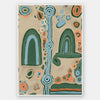 Abstract painting with arched forms, concentric circles, and dotted detailing in blues, oranges, and forest green on a taupe background. From the Maria Watson-Trudgett collection with Urban Road.