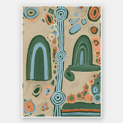 Abstract painting with arched forms, concentric circles, and dotted detailing in blues, oranges, and forest green on a taupe background. From the Maria Watson-Trudgett collection with Urban Road.