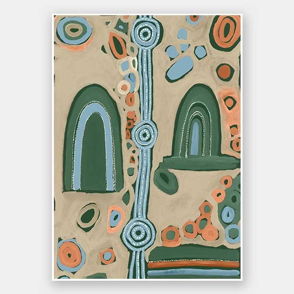 Abstract painting with arched forms, concentric circles, and dotted detailing in blues, oranges, and forest green on a taupe background. From the Maria Watson-Trudgett collection with Urban Road.